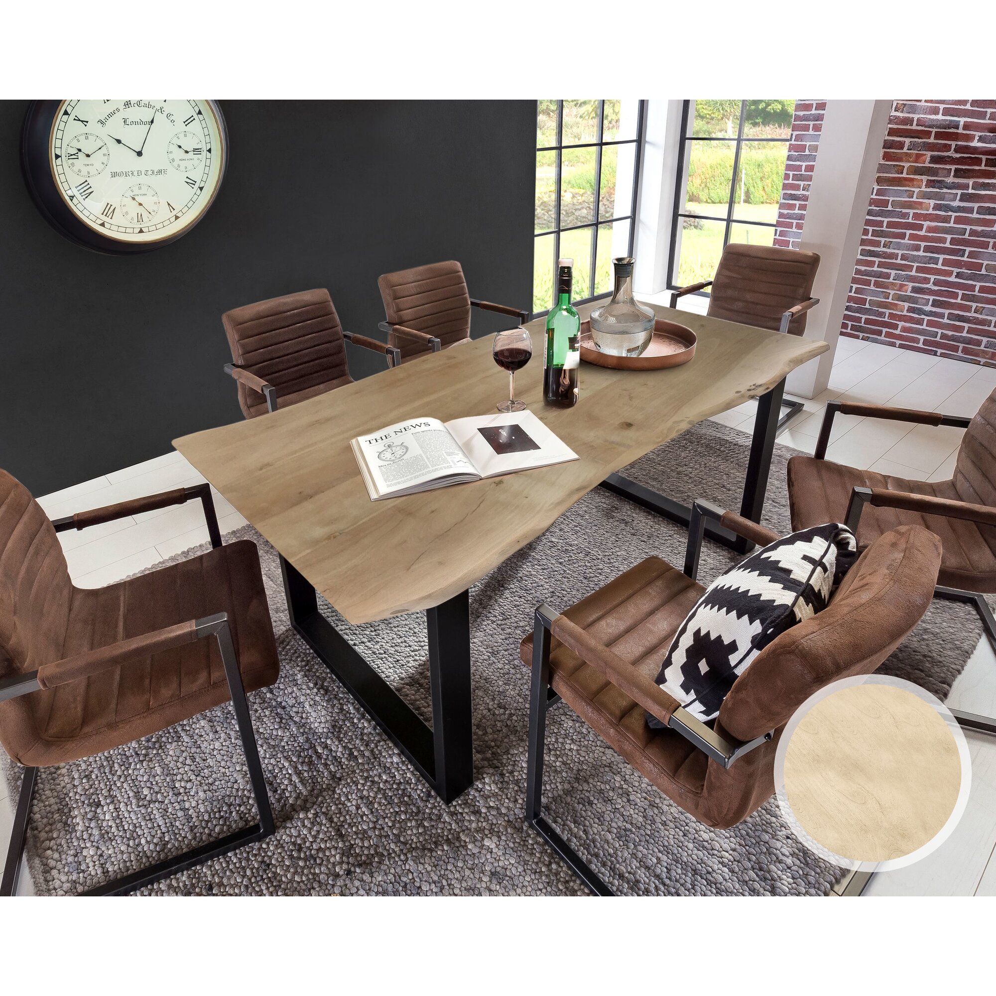 SIT Baumkante Massivholz Esstisch gekälkt 140x80 cm / hell gekälkt / Metall schwarz